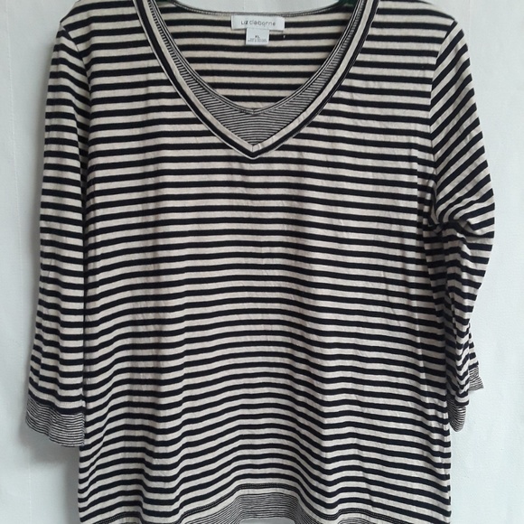 Liz Claiborne Beige & Black Stripe V-Neck T-Shirt XL (T-399) - Picture 2 of 4